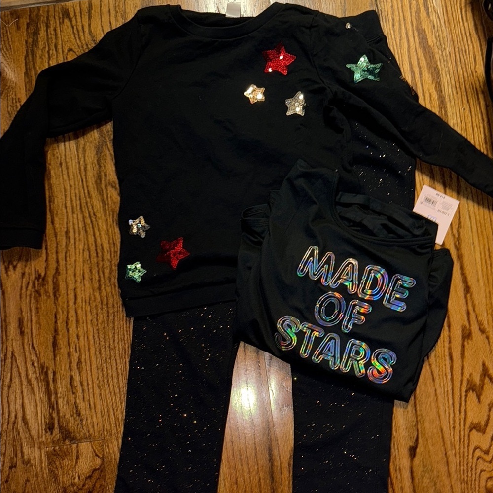 Stars and sparkles black sweatshirt, sweatpants and long sleeved top size 10/12
